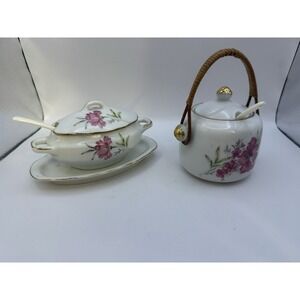 Vintage Royal Crown Japan Porcelain Floral Sugar Jar & Gravy Boat Set 44/318
